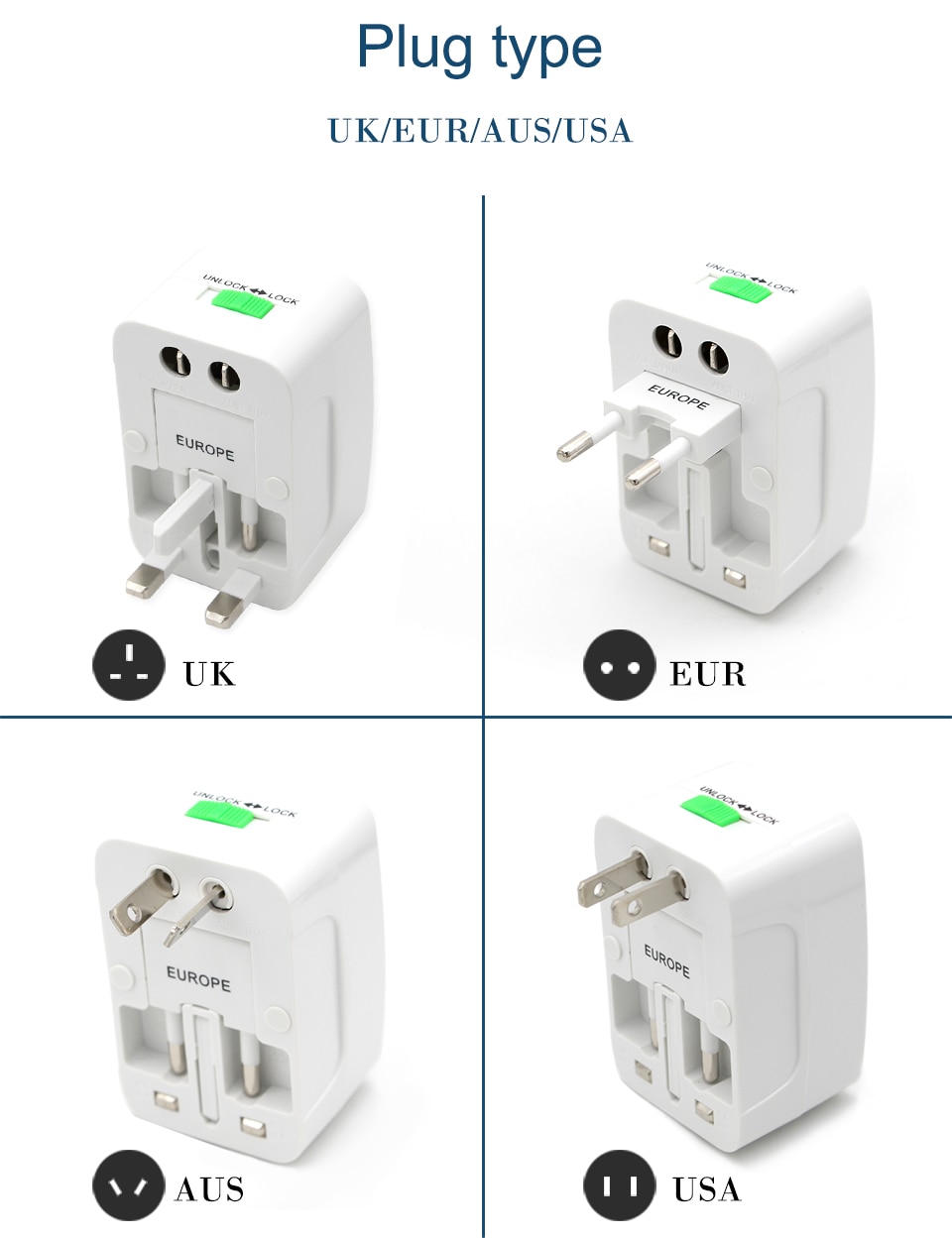 Universal Worldwide Adapter Electric Socket AU UK US EU Plug Adaptor Travel Wall Charger AC Power Option 2 USB Charging Port (3)