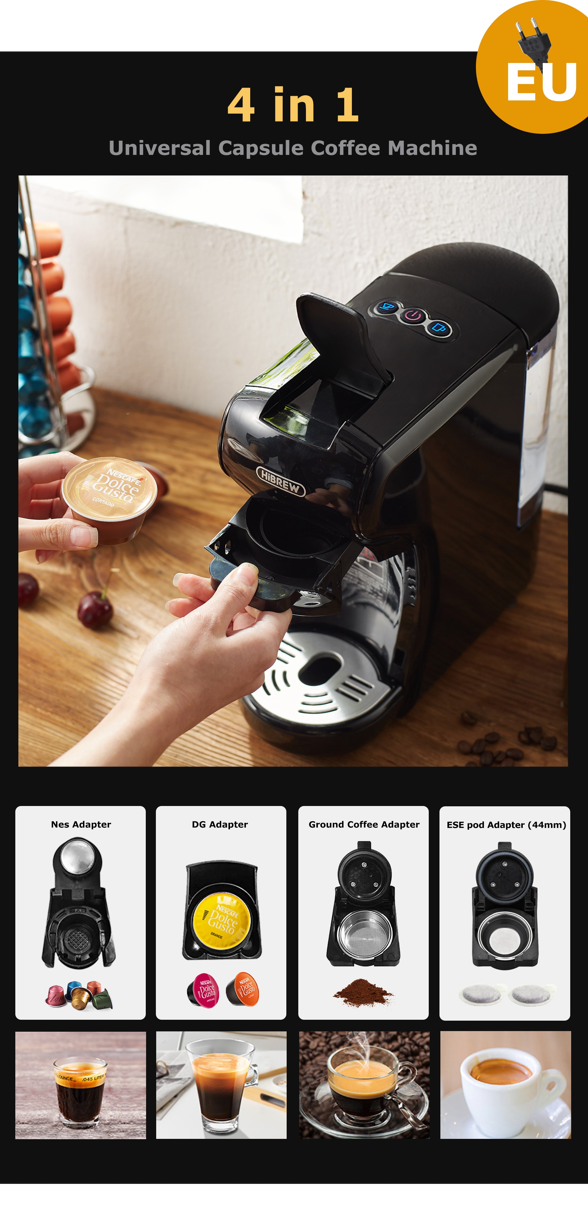 Pod Coffee Maker Single Serve, HiBREW 5-in-1 Espresso Machine for Pods,  K-cup*/Nes* Original/DG*/ESE Pod/Espresso Powder Compatible, Cold/Hot Mode,  20