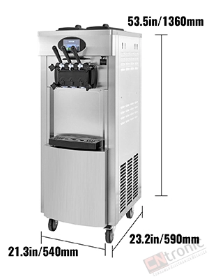 VEVOR soft ice cream machine with dimensions labeled: 53.5in/1360mm h, 23.2in/590mm w, 21.3in/540mm d.