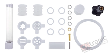 parts and accessories for VEVOR soft ice cream machine arranged neatly on a white background.