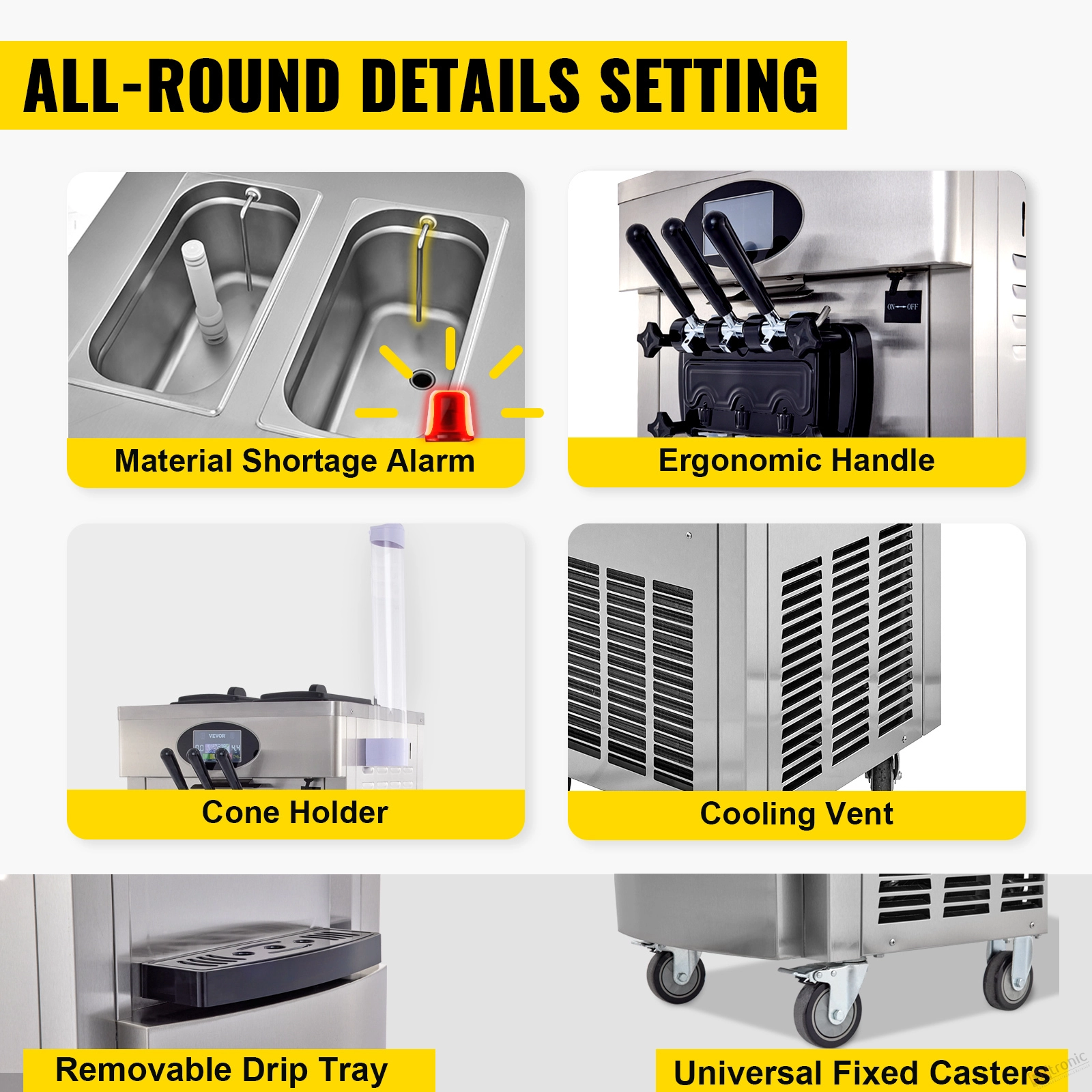 VEVOR soft ice cream machine: material alarm, ergonomic handle, cone holder, cooling vent.