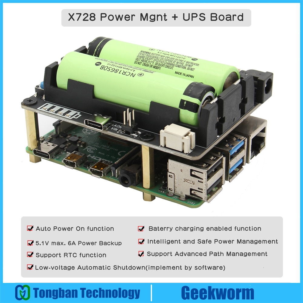 Raspberry Pi 18650 UPS(Max 5.1V 6A), X728 V2.3 Power Mangement Board with Auto Power On & Safe Shutdown & Buzzer for Pi 4/3B+/3B