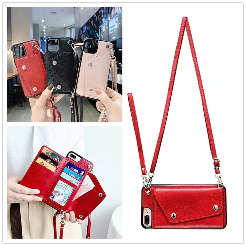 Wallet strap Case for iphone14 13 12 mini 11 pro xs max xr x 7 8  plus cover luxury leather card shoulder lanyard phone bag capa