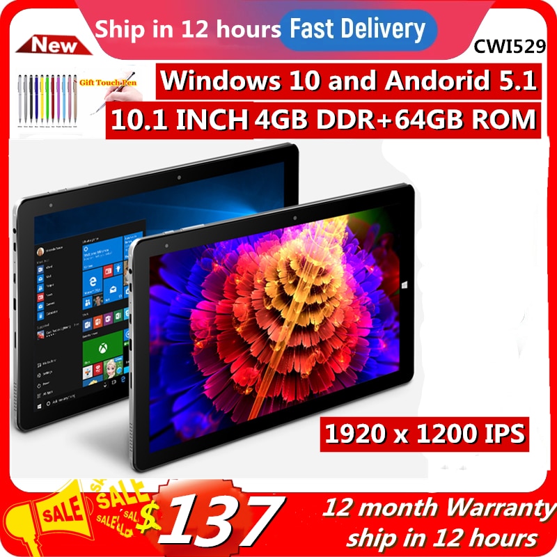 64 Bit Flash Sales 4GBDDR+64GB 10.1 INCH Windows 10 and Andorid 5.1 Dual System CWI529 Tablet PC Z8350 CPU 11920 x 1200 IPS WIFI
