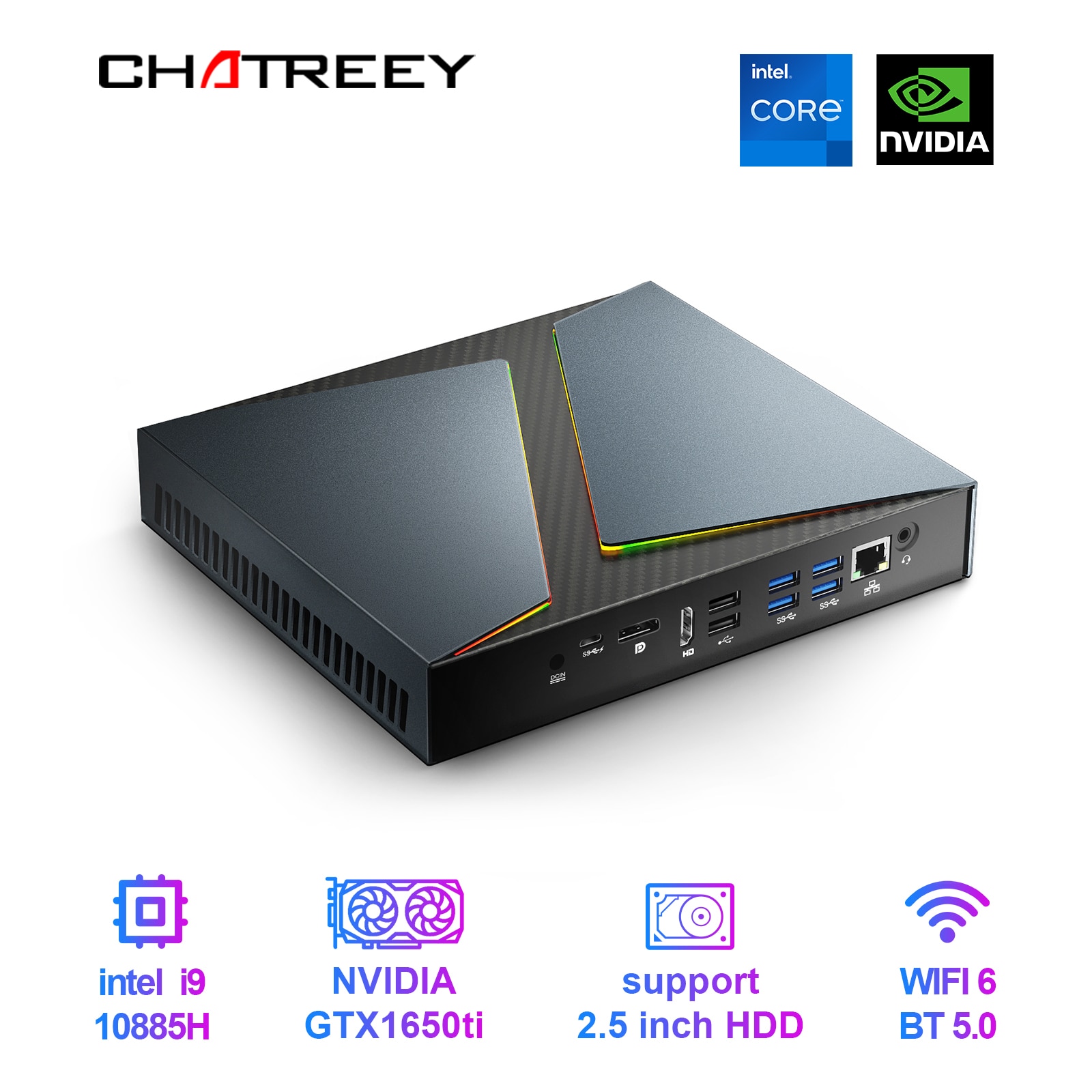 Chatreey Mini PC Gamer Intel i9 i7 i5 8 Cores with Nvidia GTX1650 4G Graphics Windows 10 Linux Gaming Desktop Computer SSD