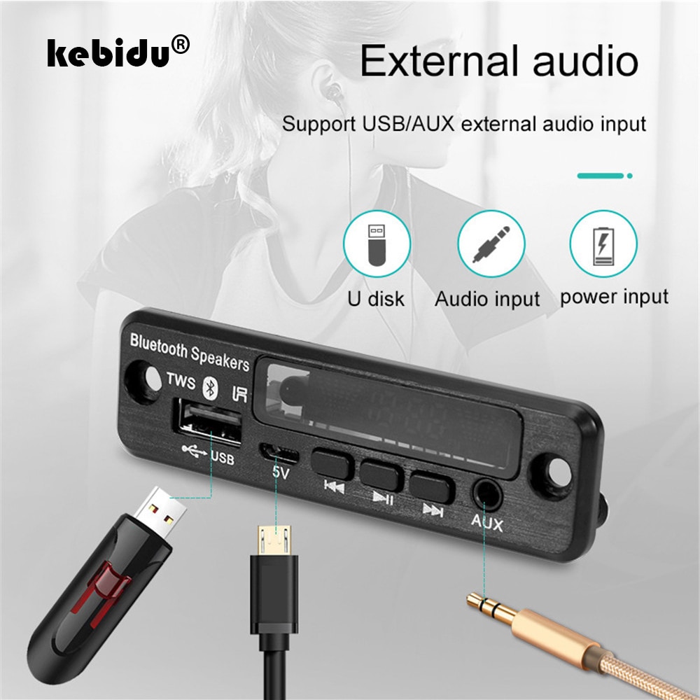 5V Wireless TWS Bluetooth 5.0 Handsfree Car Kit APE/MP3 Decoding Decoder Board FM Radio TF USB 3.5mm AUX Audio MP3 Player