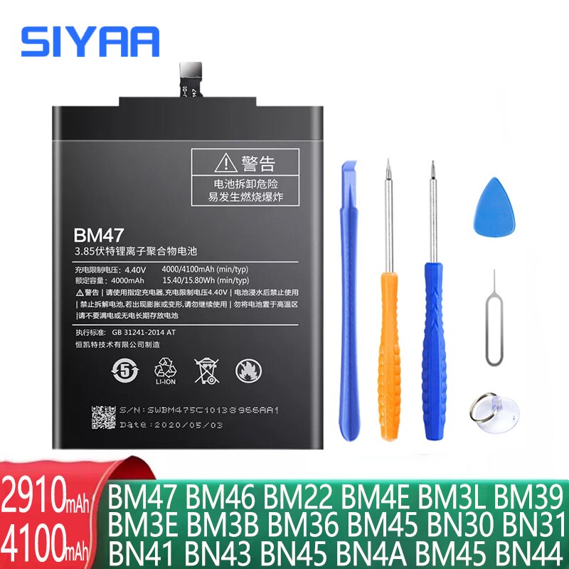 SIYAA Battery BM47 BN43 BN41 BM46 BM22 BN31 BM4E BN44 BM3L BM39 BN45 BN30 BM36 BM3E BM3B BN4A BM45 For Xiaomi Replacment Bateria