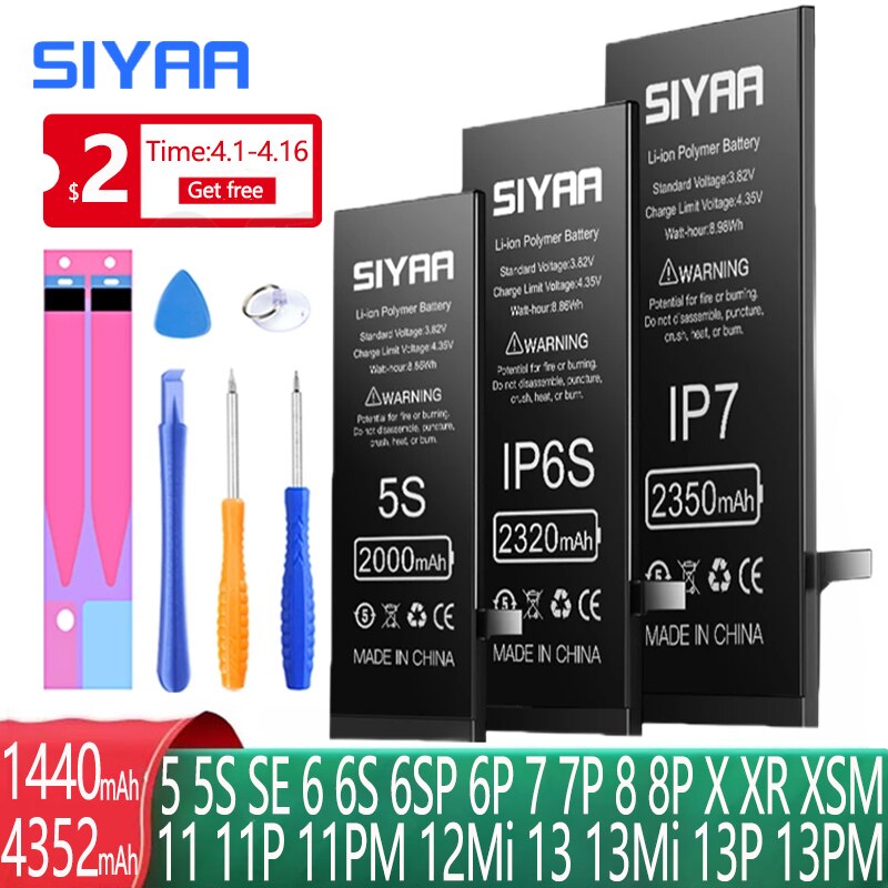 SIYAA Battery For Apple iPhone 6S 6 7 8 Plus SE 13 12 11 X XS XR Mini Pro Max 5S 5 5C 4S 4 Replacement Mobile Phone Bateria Tool