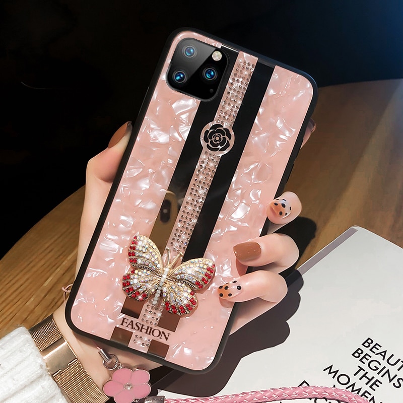 Luxury Glitter Diamond Rhinestone 3D Butterfly Phone Case For iPhone 14 13 12 11 Pro Max X XR XS 7 8 Plus SE Lanyard Bling Cover