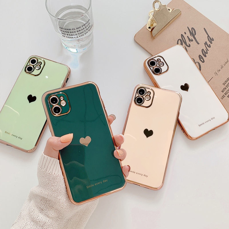 Electroplated Love Heart Phone Case For iPhone 12 13 11 Pro Max XR X XS Max 8 Plus 14 Soft Silicone Camera Protective Back Cover