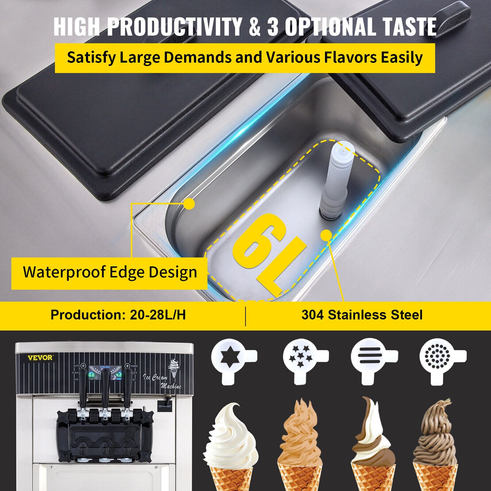 Vevor 2200w 20 28l H Commercial Ice Cream Machine Mix Flavor Ice Cones