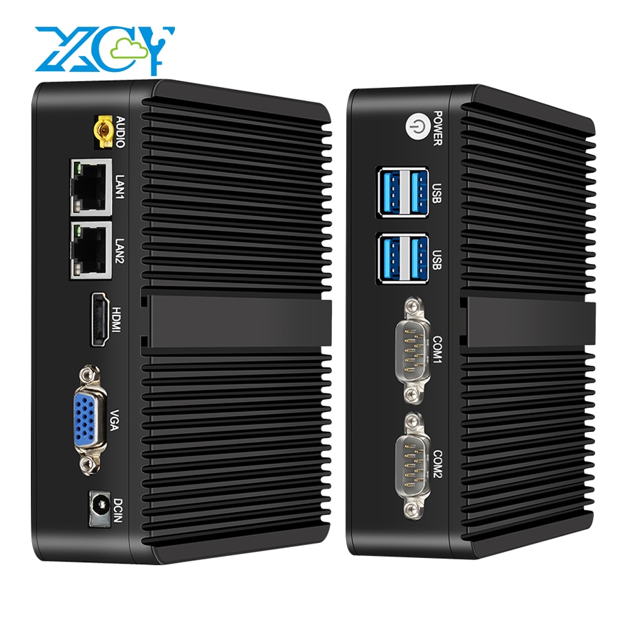XCY Fanless Mini PC Intel Celeron J4125 2x GbE LAN 2x RS232 HDMI VGA Support WiFi 4G LTE Windows 10 Linux Industrial Computer