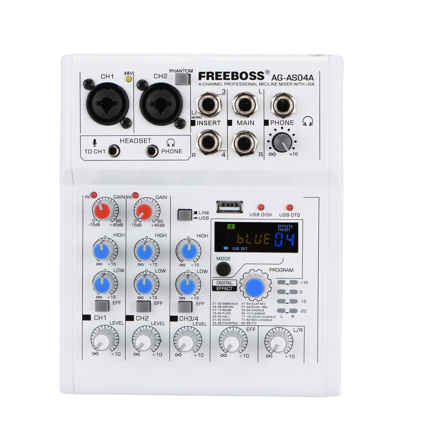 FREEBOSS Audio Mixer 4 Channel Mini Sound Mixing Table Bluetooth USB PC Play Record Portable DJ Console for Karaoke AG-AS04A