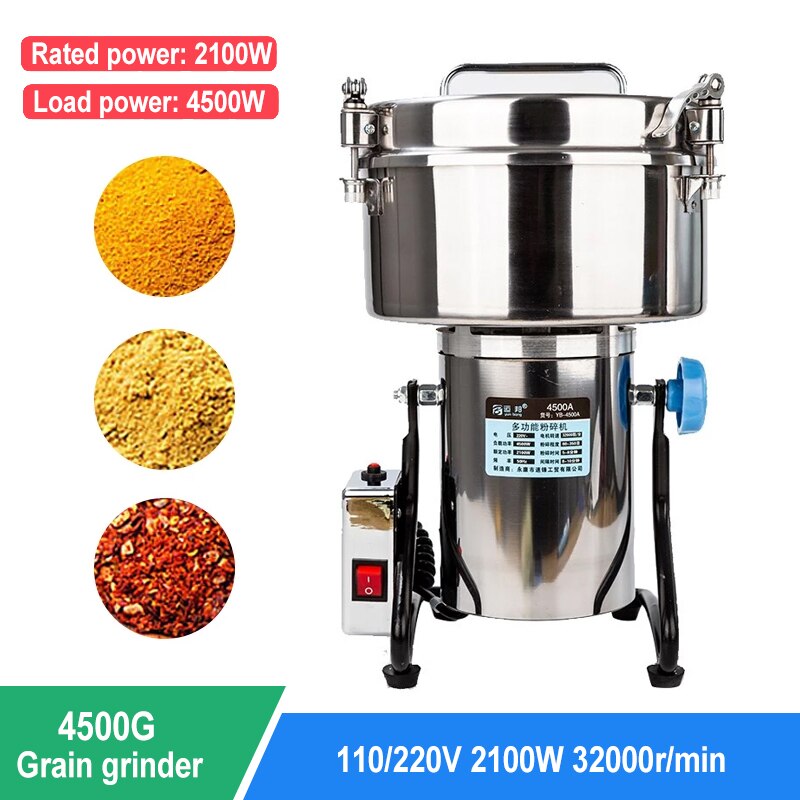 4500G Commercial Grain Grinder High Speed 4500W Cereals Medicinal Materials Spices Powder Crusher Stainless Steel Coffee Grinder