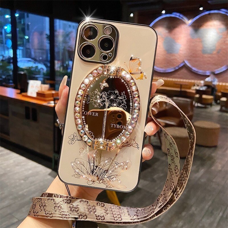 Luxury Glitter Diamond Butterfly Mirror Pearl Folding Stand Case For iPhone 11 12 13 14 Pro Max 14Plus Holder Lanyard Cover