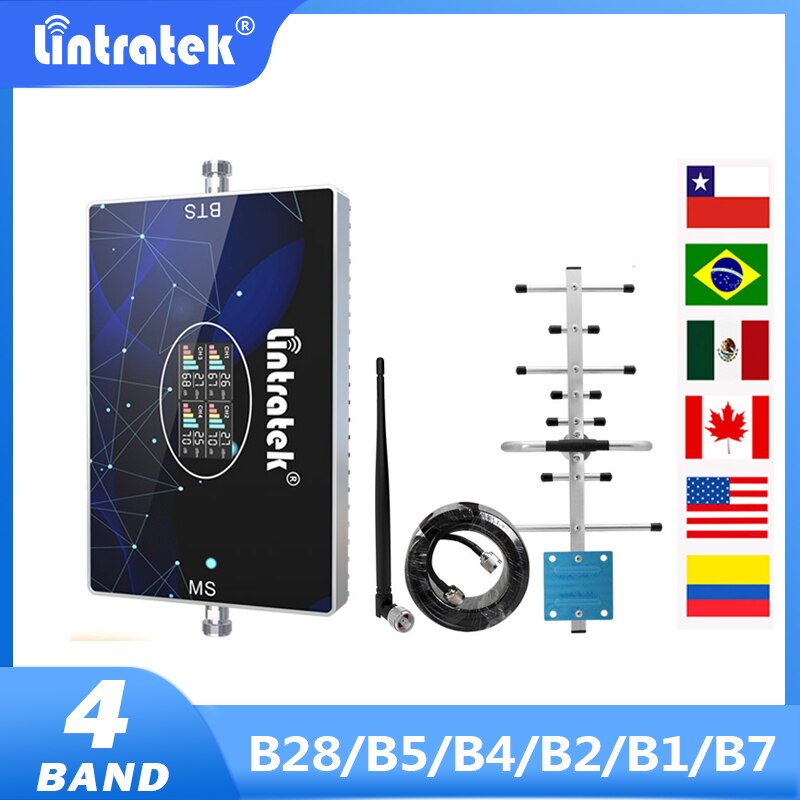 Lintratek Four Band Cellular Repeater GSM 2G 3G 4G LTE 700 850 1700 1900 2100 2600 4G Signal Booster 70dB Amplifier Kit