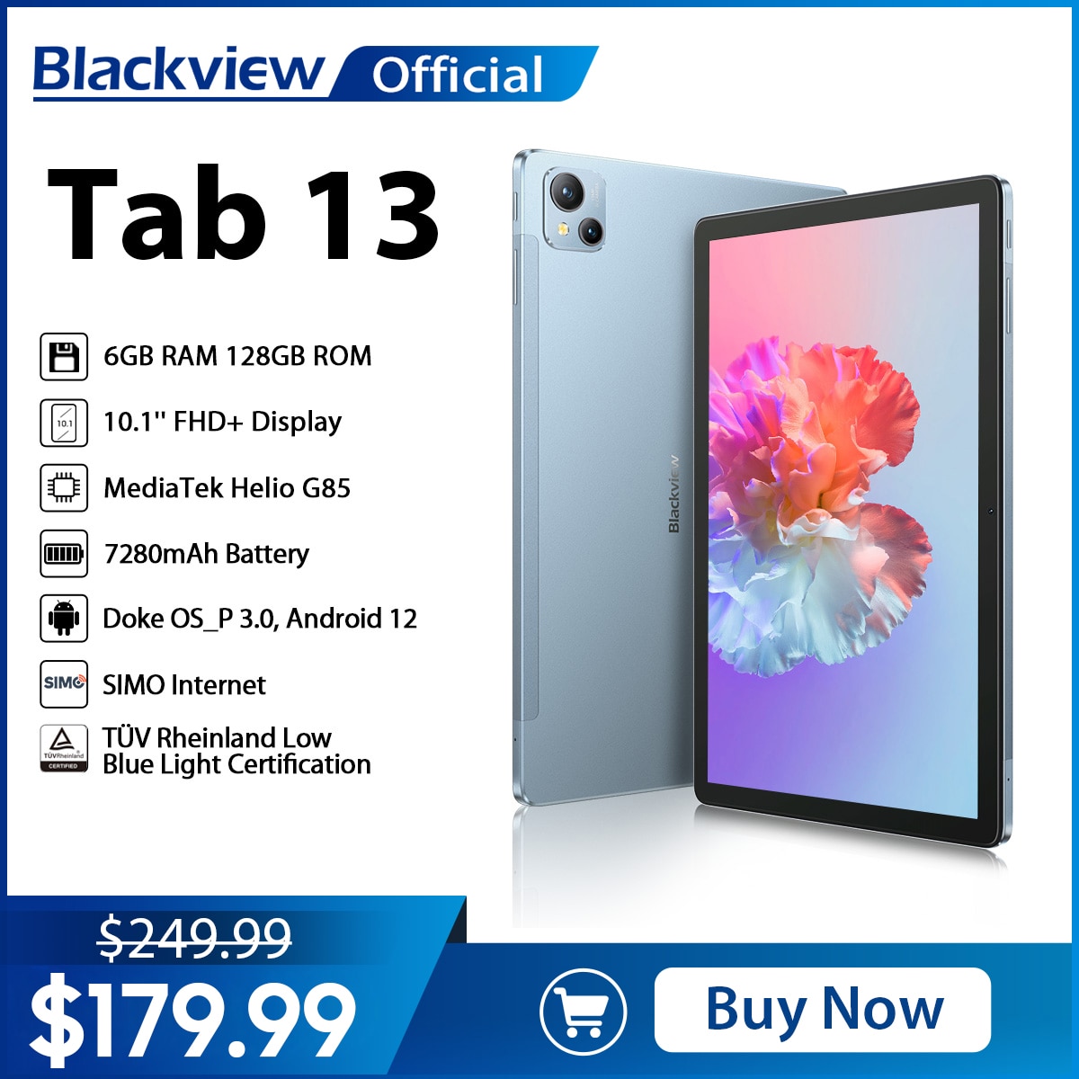 Blackview Tab 13 Tablet Helio G85 Octa Core 6GB+128GB SIMo Tablets Pad 7280mAh Android 12 10.1'' FHD+ Display 13MP Camera