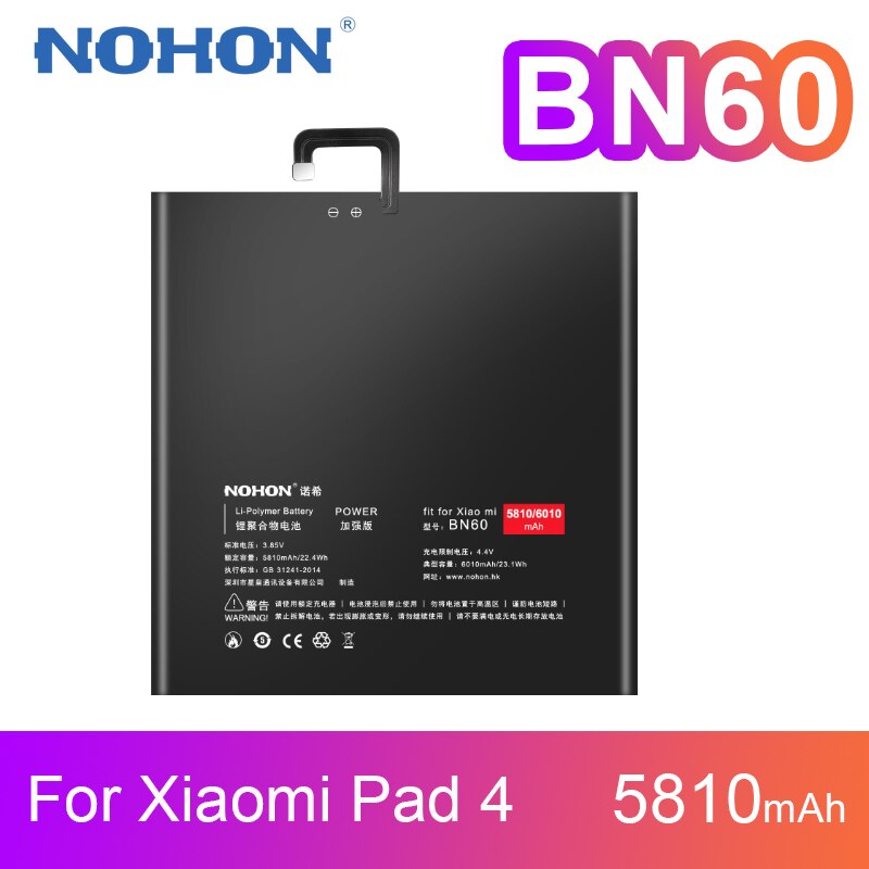 Nohon Battery BN60 for Xiaomi Pad4 Mi Pad 4 Tablet Batteries High Quality Lithium Polymer Replacement Bateria 5810mAh