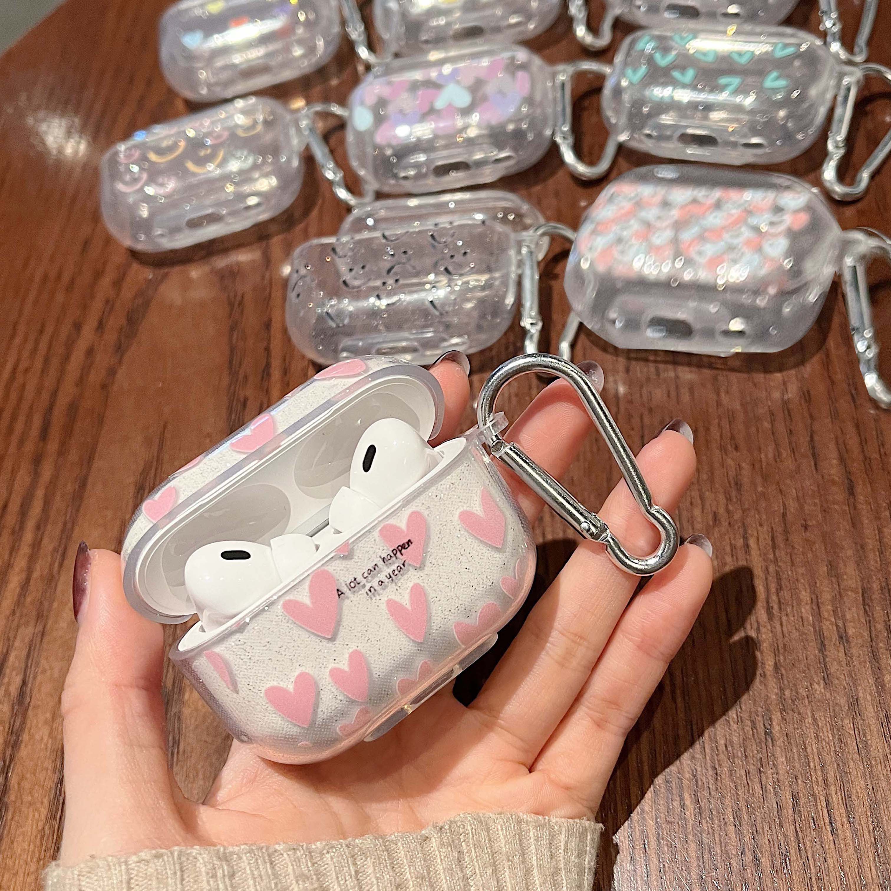 Ins Glitter Shiny cartoon pink love green colorful heart smiley cute earphone case for apple airpod pro 3 2 1 2nd charging box