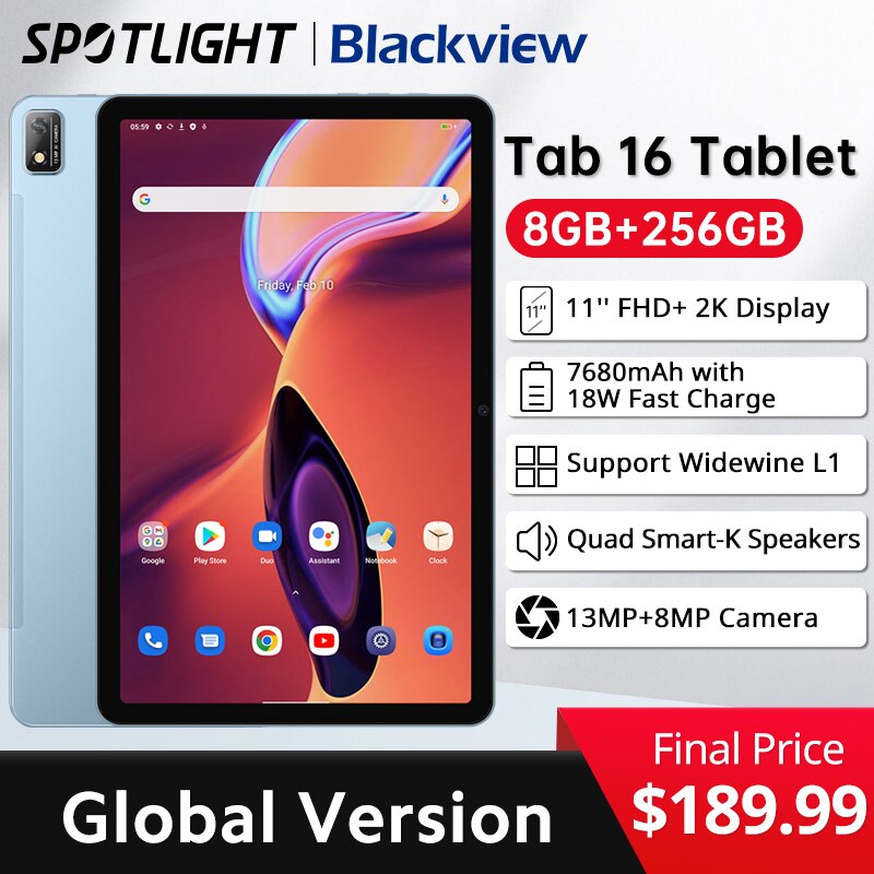 Acheter Tablette Blackview Tab 16 Android 8 Go + 256 Go 11''2k FHD+ Écran  7680 mAh Batterie Widevine L1 Unisoc T616 Tablette PC