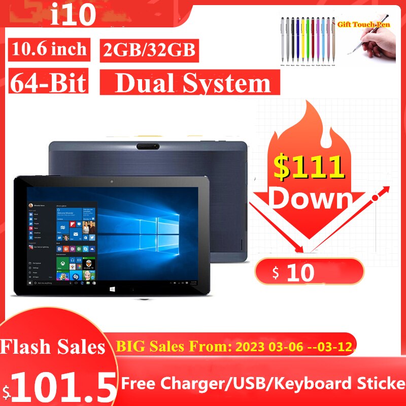 10.6 INCH Tablet i10 Dual System 64-Bit  RAM2GB+ROM 32GB Z8300 CPU Windows 10 and Android 4.4 Quad Core WIFI 1366 x 768 IPS