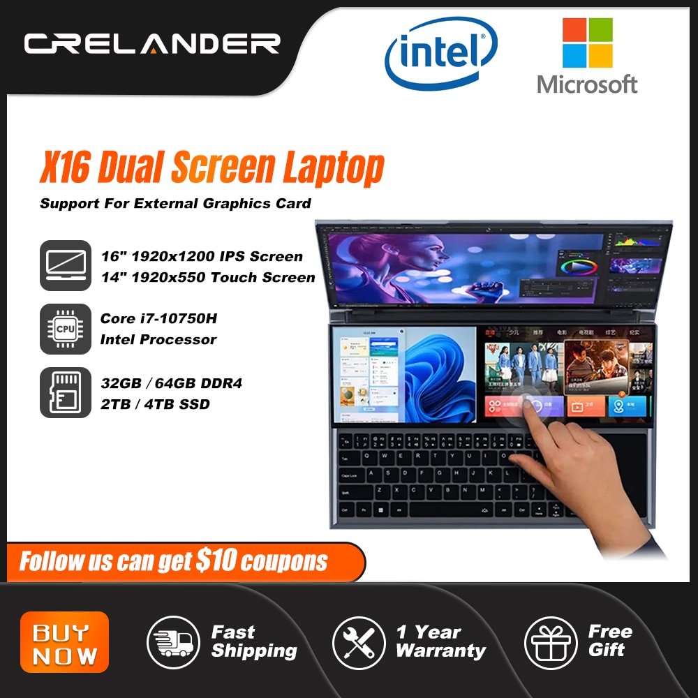 CRELANDER Dual Screen Gaming Laptops 16 Inch 2.5K LCD Screen + 14 Inch Touch Screen Intel Core I7-10750H Notebook Computer