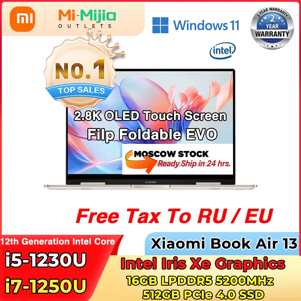 【EU Stock】Xiaomi Mi Air 13 Filp Foldable EVO Laptop i5-1230U / i7-1250U Notebook 16GB DDR5 512GB SSD 2.8K OLED Touch Screen PC