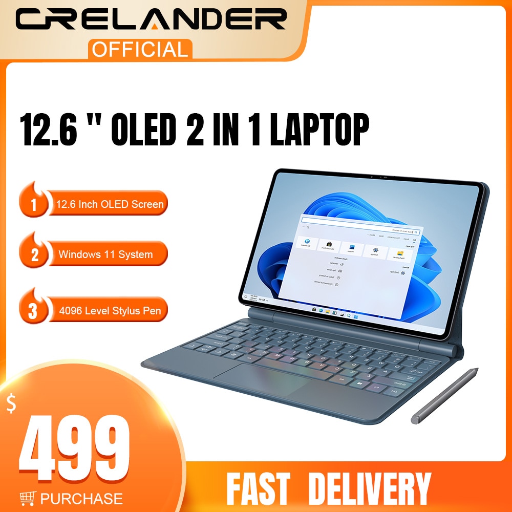 CRELANDER 2 in 1 Notebook 12.6 Inch OLED Intel Celeron N5100 DDR4 8GB RAM Windows 11 Tablet Pc Touch Screen Laptop Computer