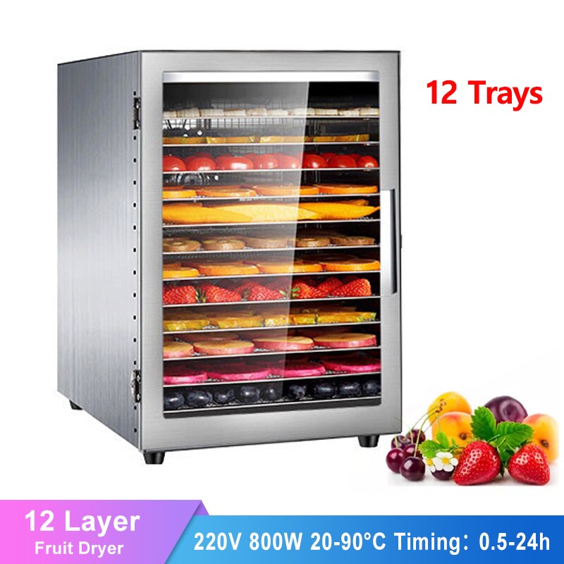 12 Trays Fruit Dryer 800W Home Stainless Steel Food Dehydrator Vegetables Fruit Meat Drying Machine Smart Touch Screen