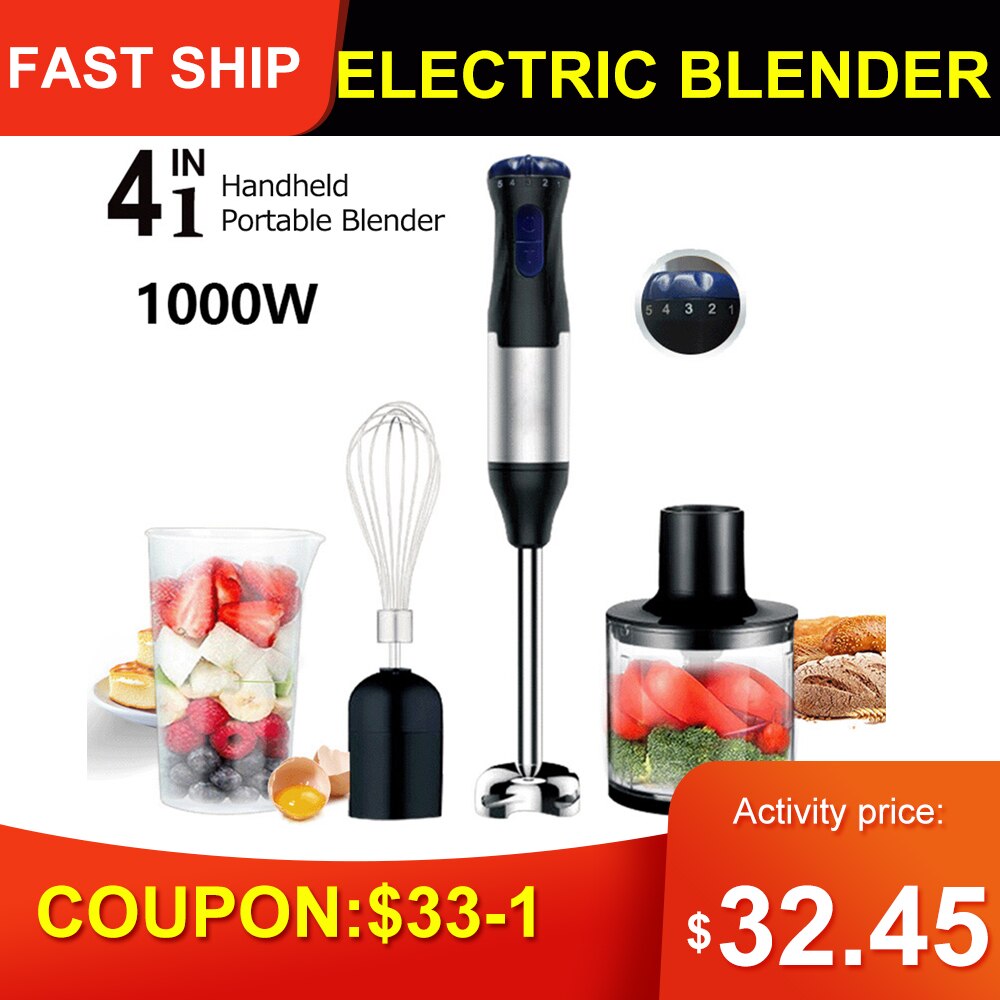 Electric Blender Four Pieces Home 1000W Big Power Cooking Machine Handheld Whisk Crush Rod Grinding Cup Meat Grinder Bowl Juicer
