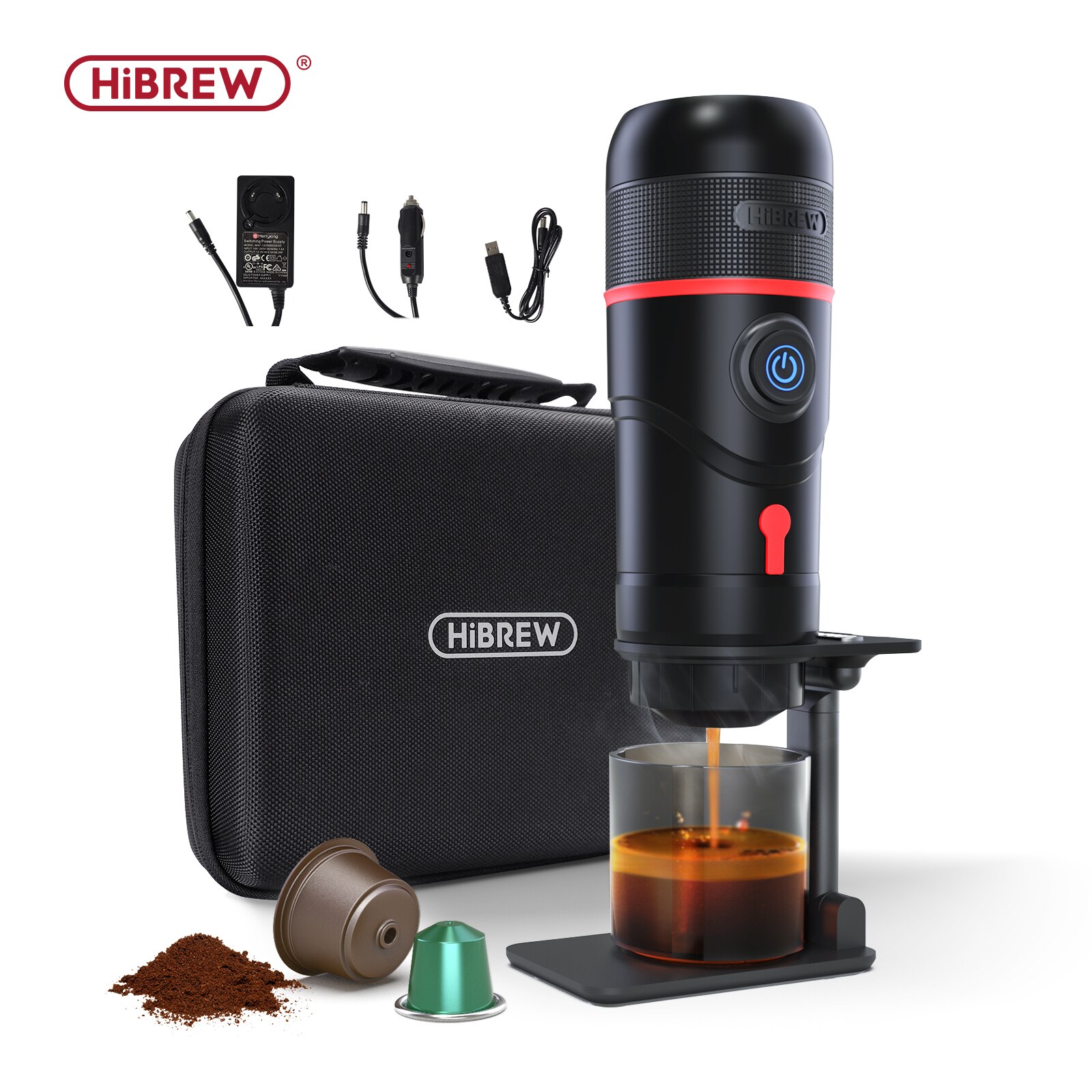 HiBREW Portable Coffee Machine for Car & Home,DC12V  Expresso Coffee Maker Fit Nexpresso Dolce  Pod Capsule  Coffee Powder H4
