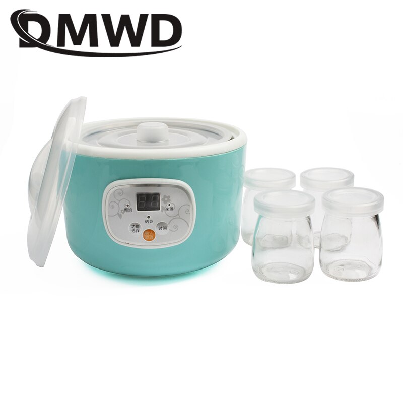 DMWD Automatic Electric Yogurt Maker Multifunction Stainless Steel Leben Container Natto Rice Wine Machine Four Yoghurt Cups 1L