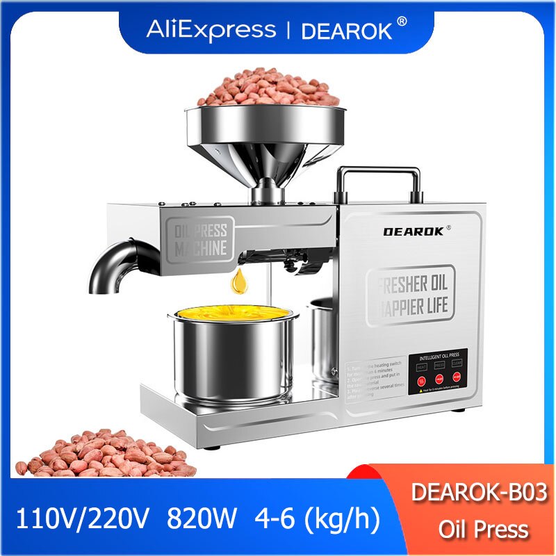 DEAROK-B03 Household Oil Press Oil Extraction Machine Cold Heat Olive Sunflower Seeds Hydraulic Intelligent Stainless Steel 820W