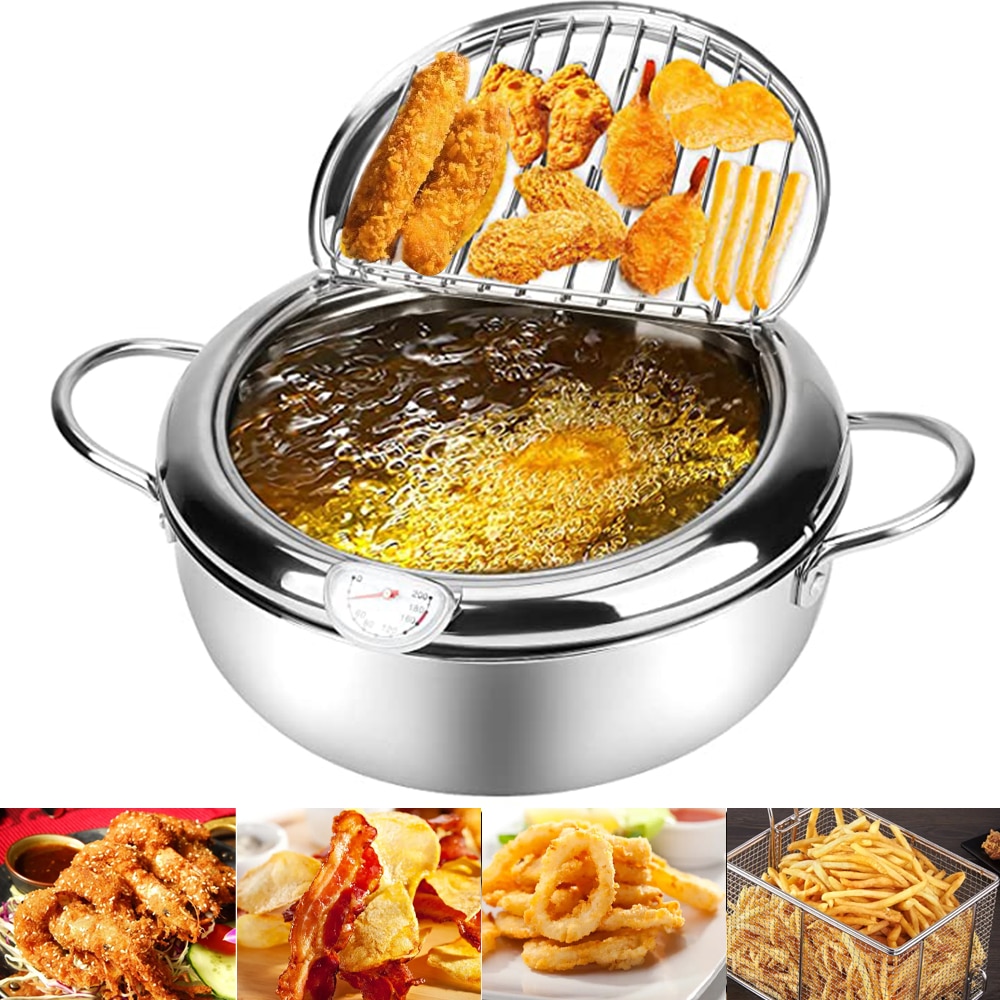 Japanese Deep Fryer With Thermometer and Lid 304 Stainless Steel Kitchen Tempura Fryer Pan Fryer Without Oil Frying Pan Fryer
