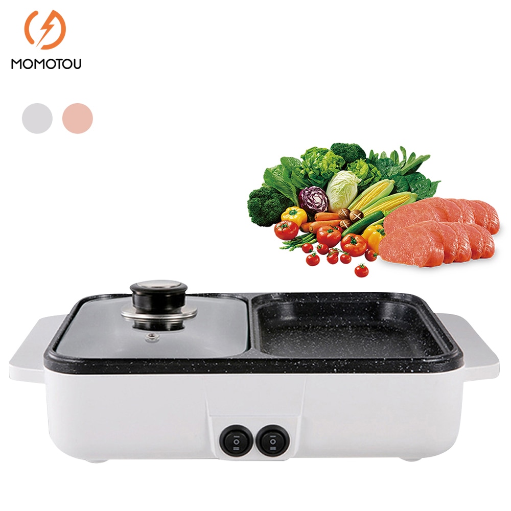 2 IN 1 Electric Hot Pot Cooker 110V/220V BBQ Grill Cooker Non Stick Plate Barbecue Pan Hot Pot Multifunctional Kitchen Utensils