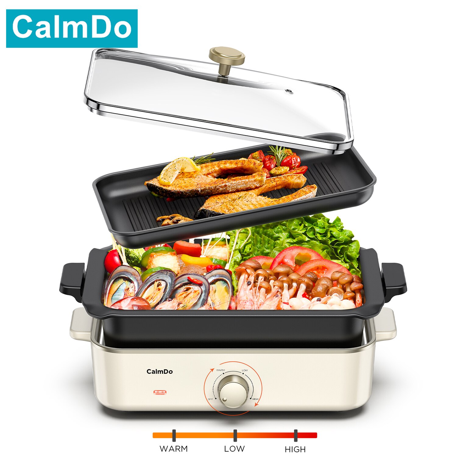 CalmDo 1400W Electric Pot-Grill and Deep Frying Pan Multifunction Pot with Grill Plate Non-Stick Coating Combo Home Cooking Pot