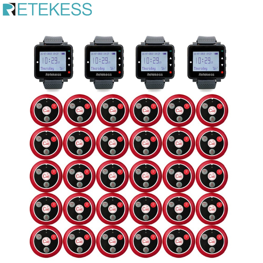 Retekess Restaurant Pager Hookah Waiter Call System 4Pc T128 Watch Receiver+30Pc T117 Call Button Customer Service Cafe Clinic