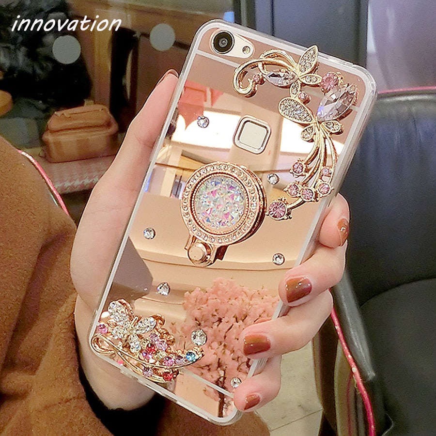 For iPhone 5S Case Diamond Rhinestone Mirror Phone Bag Back Cover For iPhone 8 6 6S 7 Plus X XR XS Max Ring Stand Finger Holder
