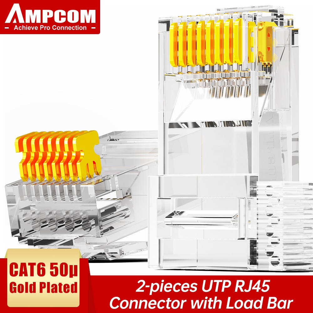 AMPCOM CAT6 RJ45 Modular Plug Connector UTP 50μ Gold-Plated Two-Pieces 8P8C Crimp End for Ethernet Cable, Bulk Ethernet Cable