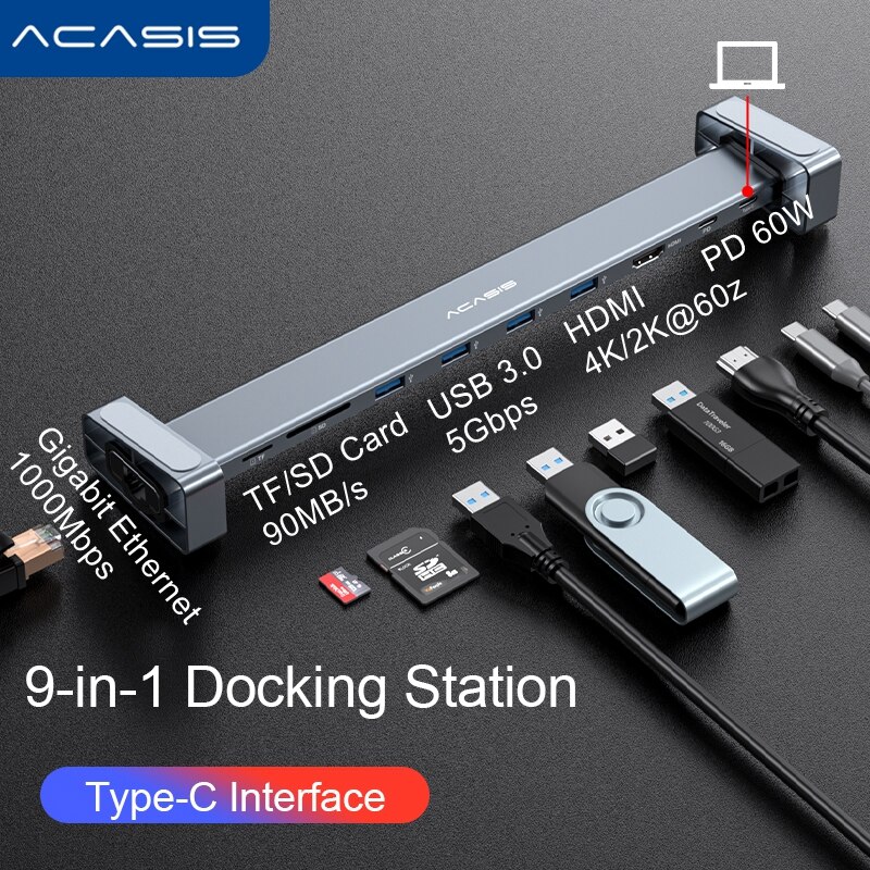 Acasis Type C to USB 3.0 Laptop Docking Station HDMI-compatible 4K RJ45 TF SD Card Reader With PD Charging For DELL Macbook Pro