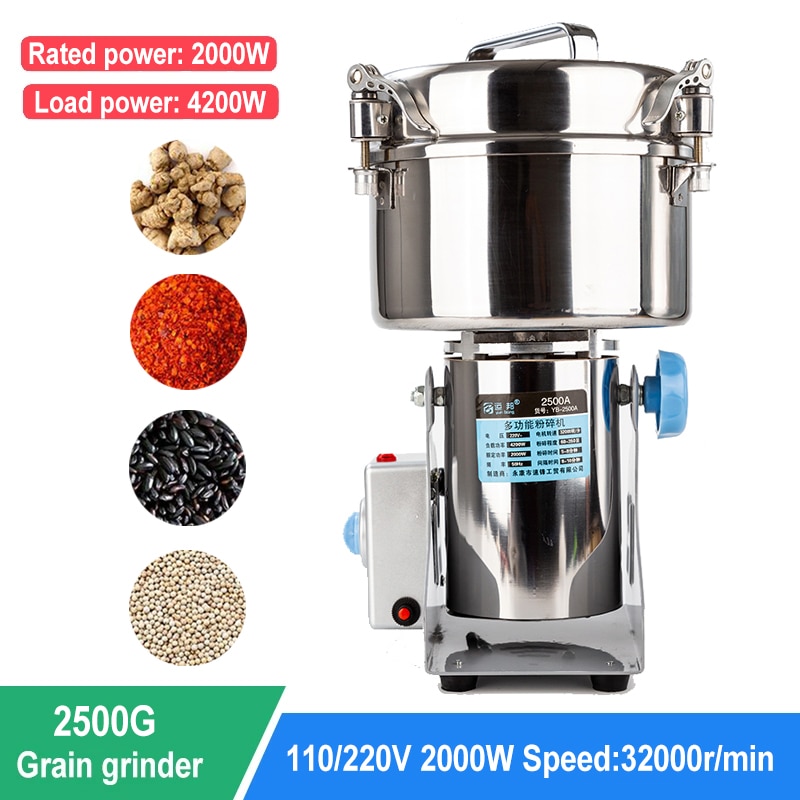 2500G 4100W Grains Spices Hebals Cereals Coffee Dry Food Grinder Mill Grinding Machine Gristmill Home Medicine Flour Crusher