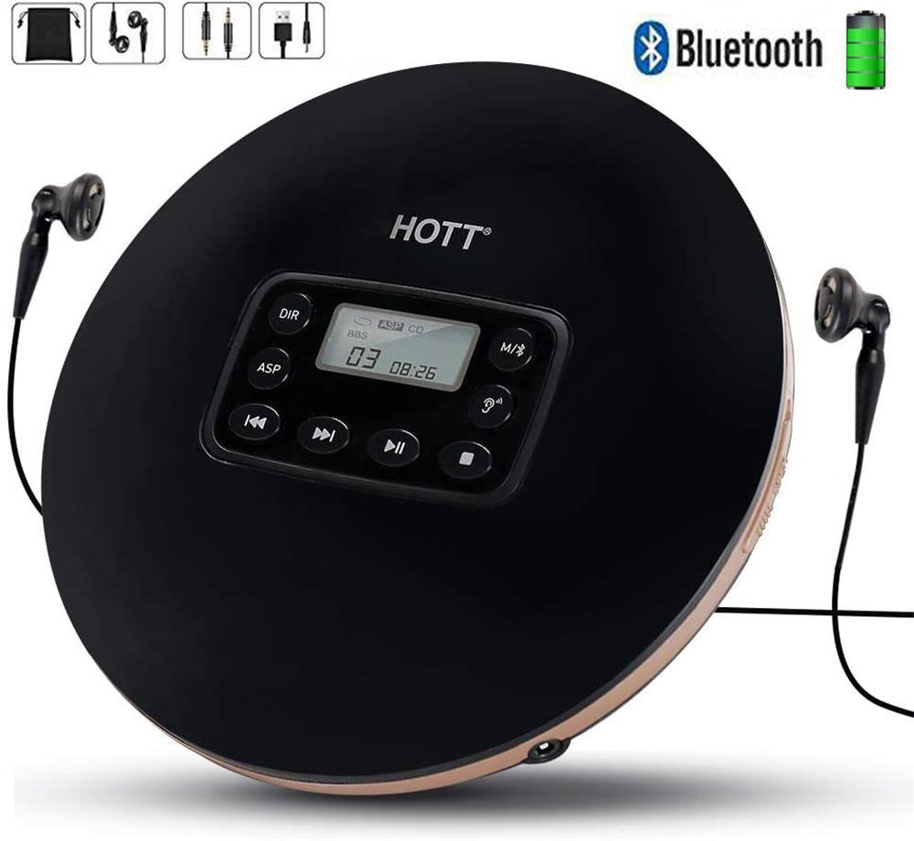 HOTT CD711T Rechargeable Bluetooth Portable CD Player for Home Travel and Car with Stereo Headphones and, Anti Shock Protection