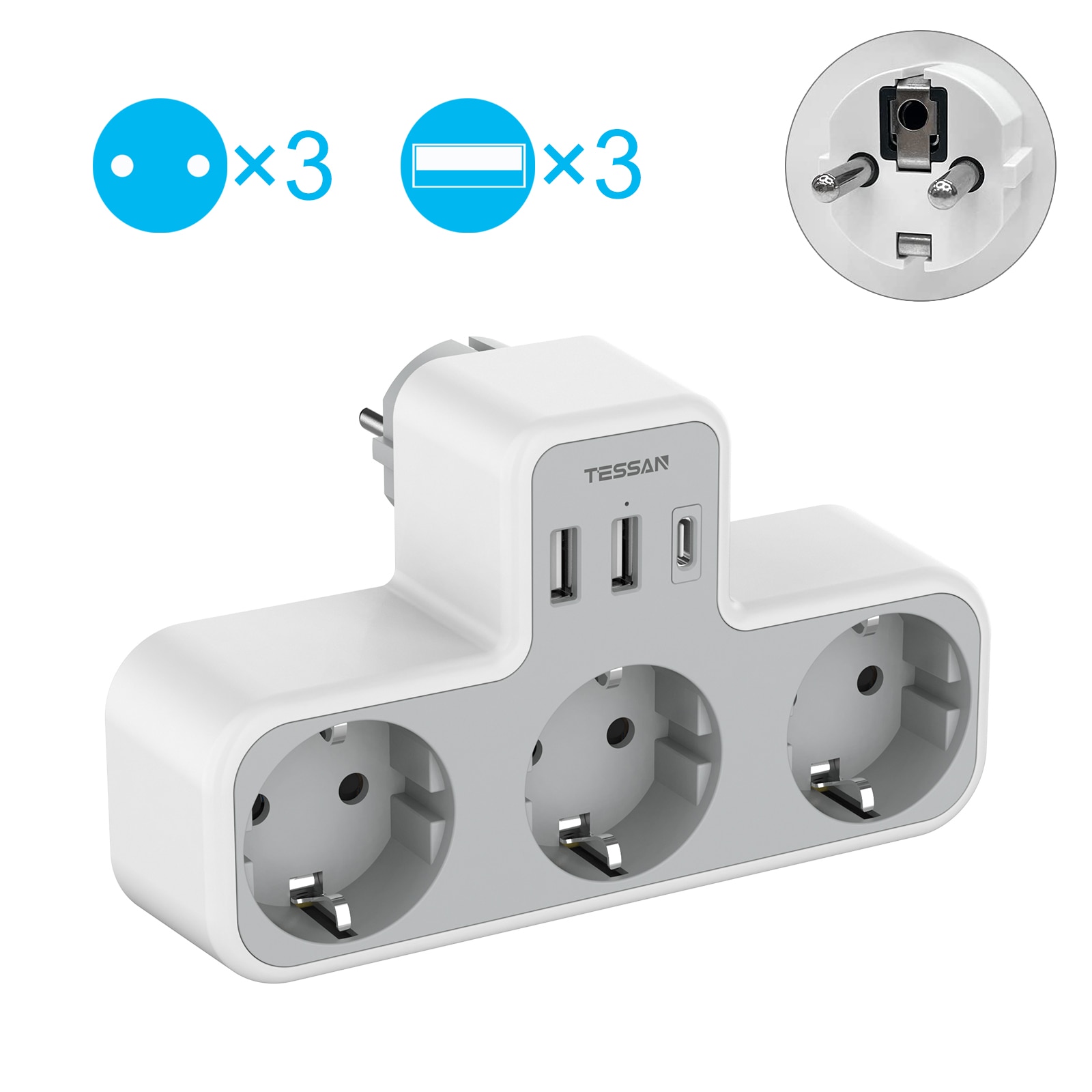 TESSAN EU Wall Socket Extender with 3 AC Outlets and 3 USB Ports 5V 2.4A Power Adapter Overload Protection for Home/Office