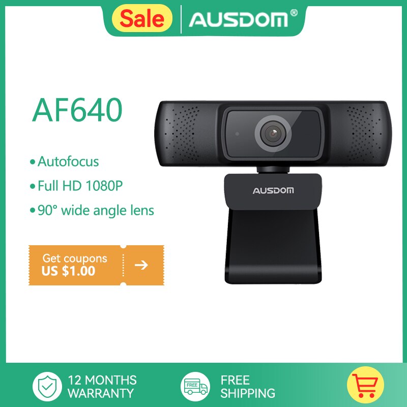 AUSDOM AF640 Web Camera Full HD 1080P Autofocus For Video Conference Webcam With Microphone For PC