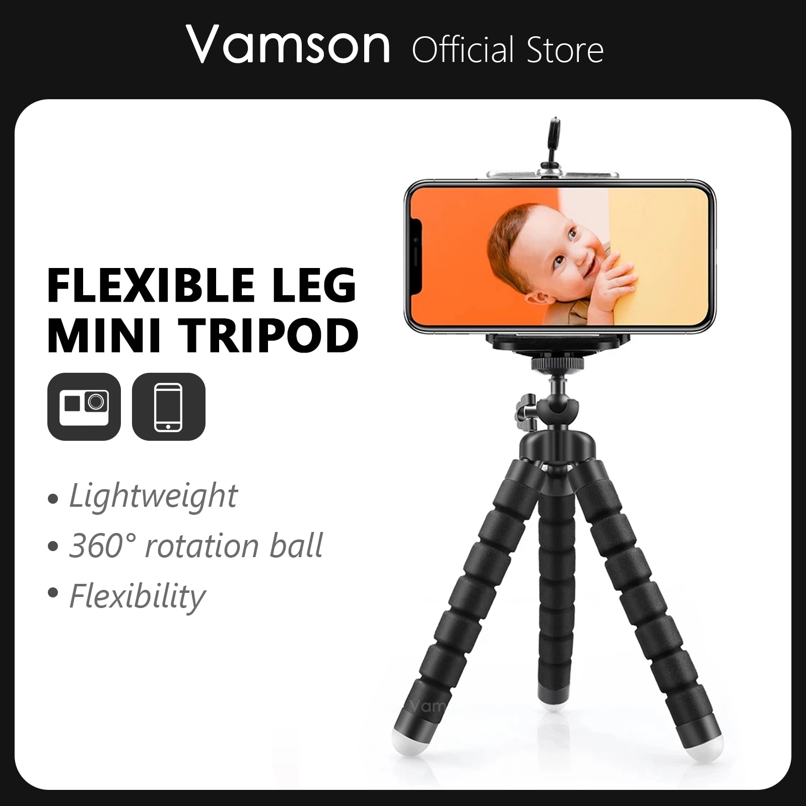 Vamson Flexible Mini Tripod smartphone Tripod Mobile Phone Holder clip stand for GoPro Hero 11 10 9 8 7 6 5 4 for yi 4k for DJI
