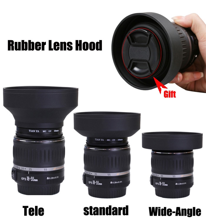 Rubber Tele Wide-Angle Lens Hood Standard 49mm 52mm 58mm 55mm 62mm 67mm 72mm 77mm Telephoto + Lente Cap For Canon Nikon Sony