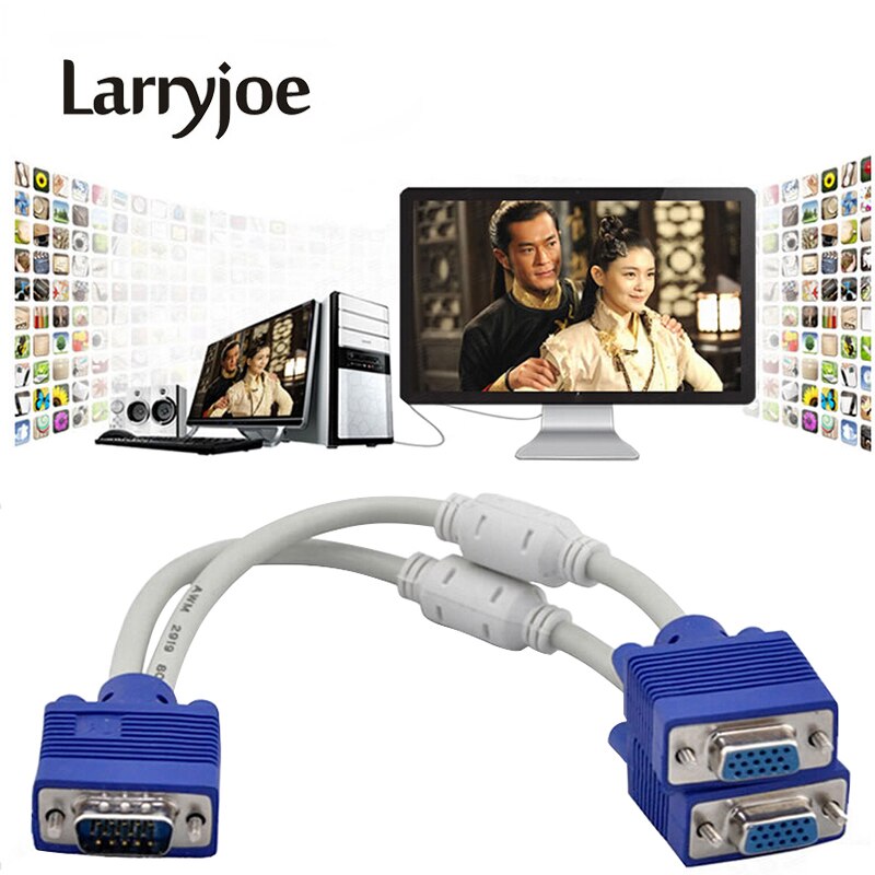 Larryjoe High Quality 1 Computer to Dual 2 Monitor VGA Splitter Cable Video Y Splitter 15 Pin Two Ports VGA Male to Female