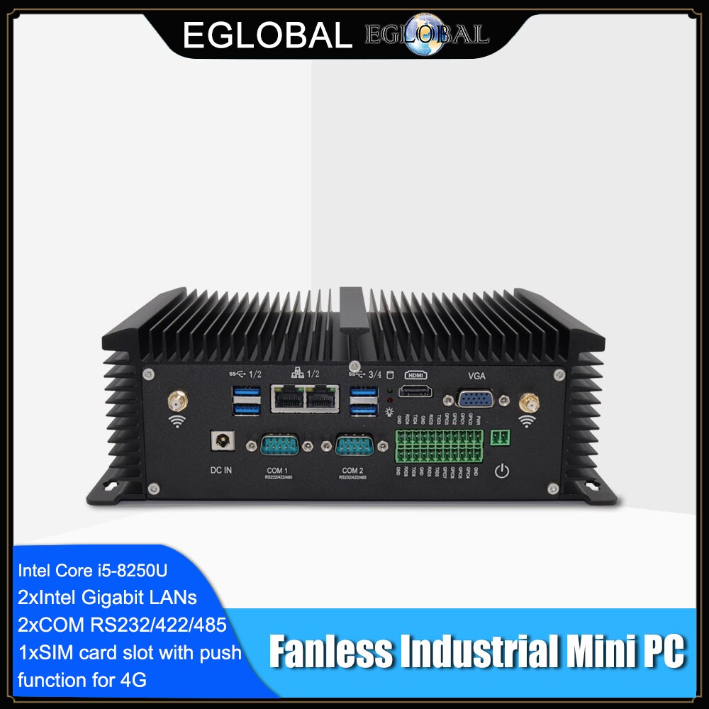Eglobal Industrial Fanless Mini PC Intel Core i5 8250U i7 7500U Desktop  Computer Lapto Linux Ubuntu 2*COM 8*USB 2*LAN HDMI  VGA