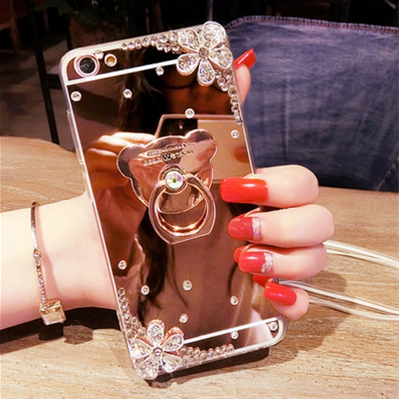 Luxury Rhinestone Case Cover For Xiaomi 8 9 6X Redmi 8 7 6A Note8T 8 7 Pro Case Glitter Mirror Girls with Ring Holder Stand Soft