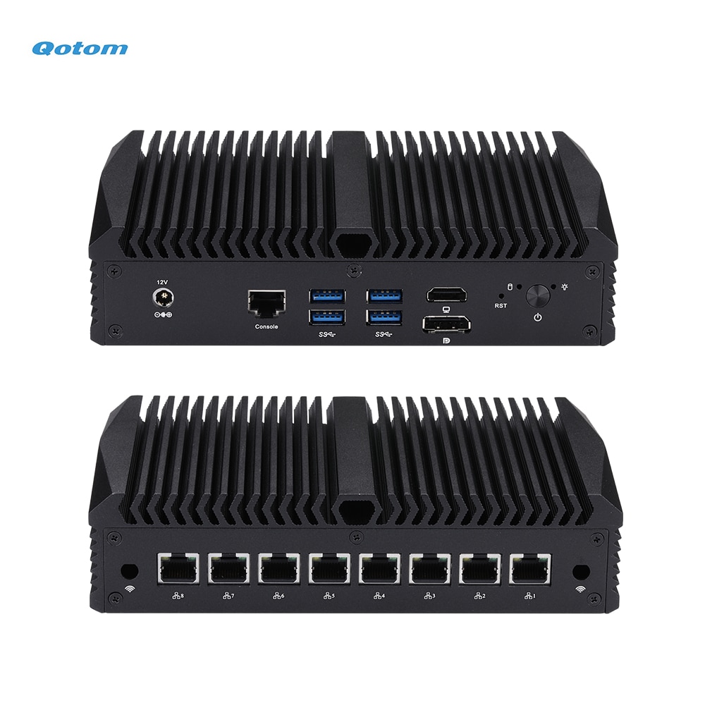 Qotom 8 LAN Mini PC with Celeron Core i3 i5 i7 Processor, AES-NI, RS232, Fanless Mini PC PFSense Firewall Router